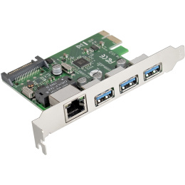 Контроллер сетевой ExeGate EXE-361 PCI-E x1 v2.0, LAN UTP 1000Mbps + 3*USB3.0 ext., разъем доп.питания, Chipset VL805 + RTL8153B EX283714RUS