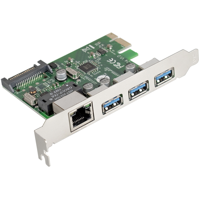 Контроллер сетевой ExeGate EXE-361 PCI-E x1 v2.0, LAN UTP 1000Mbps + 3*USB3.0 ext., разъем доп.питания, Chipset VL805 + RTL8153B EX283714RUS