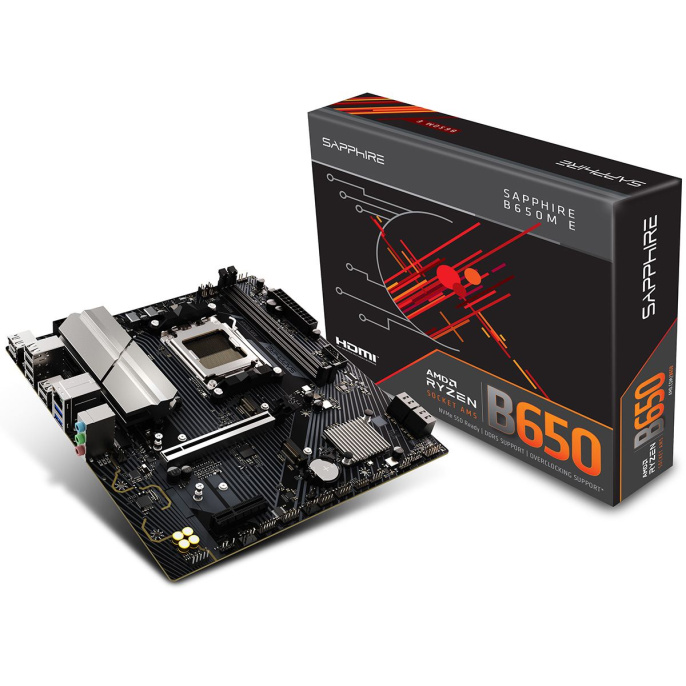 Материнская плата Sapphire B650M-E B650, AM5, 2*DDR5, 1*PCIEx16, 1*PCIEx4, 2*M.2, 4*USB3.2Gen1, 10*USB2.0, 4*SATA3.0, 2.5G, DP, HDMI, M-ATX, RTL 52112-04-40G