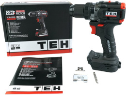 Дрель-шуруповерт TEH TDBL1020 (напряжение 20V, обороты: 0-500/2100 об/мин, крутящий момент 100Нм, быстрозажимной патрон 13 мм, в комплекте крюк для ремня, поставляется в коробке без АКБ и ЗУ)