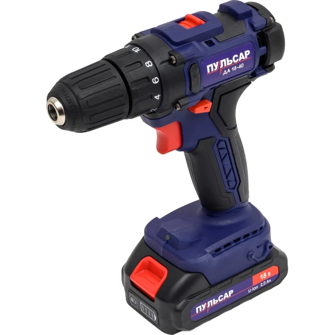 Аккумуляторная безударная дрель ПУЛЬСАР ДА 18-40 18 В, 40 Hm, Li-on, 2,0 Ah, 2 аккумулятора, кейс 916-967