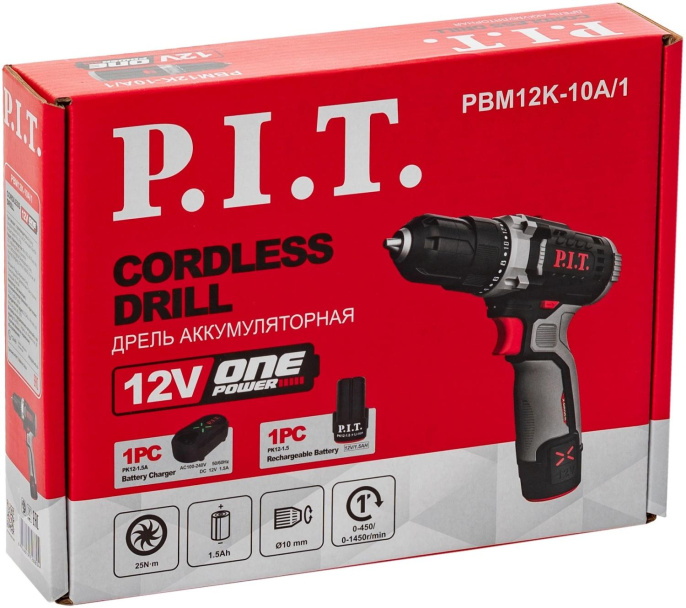 Дрель P.I.T. PBM12K-10A/1 (аккумуляторная, 12В, 22Нм, 10 мм, 2ск, 0-350/1350, 1х2.0Ач, ЗУ, коробка)
