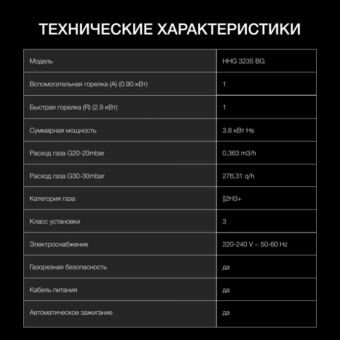 Газовая варочная поверхность Hyundai HHG 3235 BG черный (HHG 3230 BG)