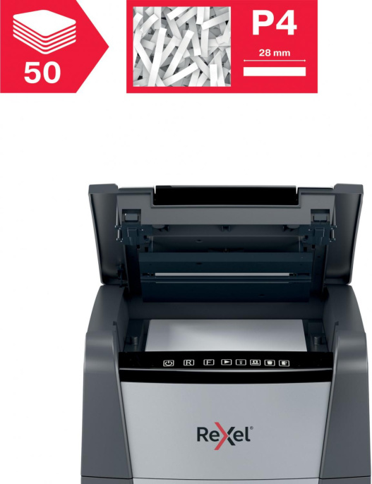 Уничтожитель бумаг Rexel Optimum AutoFeed 50X, с автоподачей, P-4, 4х28 мм, 50 лист. одновременно, 20л [2020050xeu]