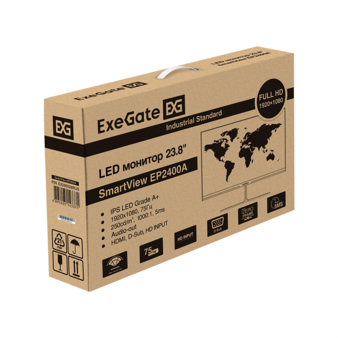 Монитор 23.8" ExeGate SmartView EP2400A EX295526RUS (IPS LED Grade A+, FHD, 1920x1080@75Гц, 16:9, 250cd/m2, 1000:1, 178°/178°, 5ms, D-Sub, HDMI, audio-out, встроенный БП, FreeSync, Flicker-free, Low Blue Light, кабель HDMI 1.5м, VESA,