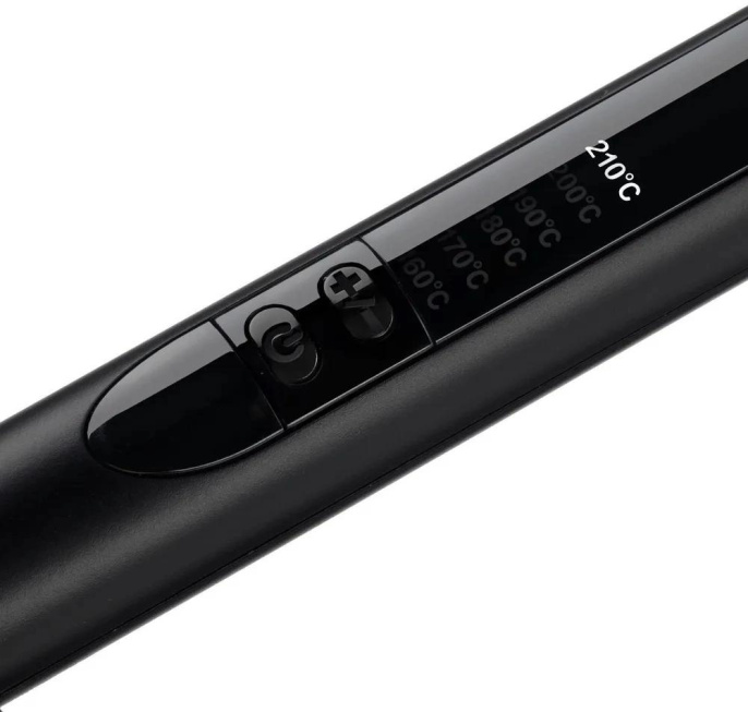 Плойка BaByliss C456E (круглая, поверхность: керамика, регулировка температуры: 6 режимов, максимальная температура: 210 °С, нагрев: 30 с, дисплей, термоизолированный наконечник, термозащитная перчатка, термоковрик, цвет: черный, золотистый)