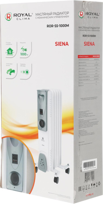 Масляный радиатор Royal Clima Siena ROR-S5-1000M, с терморегулятором, 1000Вт, 5 секций, 3 режима, белый