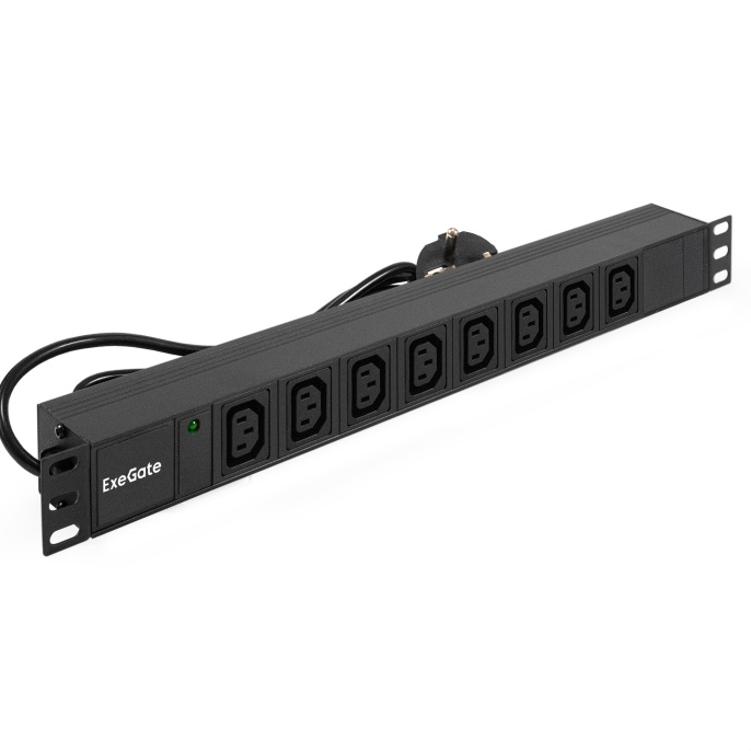 Блок розеток с кабелем с евровилкой ExeGate ServerPro PDU-19H809 Al-8C13-EU2.5CU (19", 1U, Алюминий, 8 IEC 320 C13, кабель с евровилкой VDE-250V-16A-3*1.5mm2, медь, 2.5 метра, индикатор питания, черный, RTL) EX280855RUS