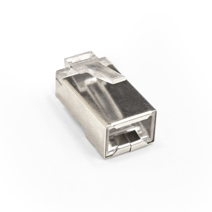 Коннектор ExeGate PL45-C5-8P8C-SH-100 RJ-45 Кат.5e 8P8C под одножильный кабель FTP, экранированный, золотое напыление 100шт EX293764RUS