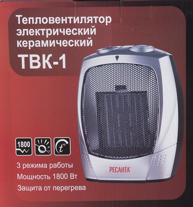 Тепловентилятор керамический Ресанта ТВК-1,  1800Вт,  с термостатом, 2 режима, серебристый,  черный [67/2/3]