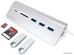 USB-концентратор Satechi Type-C USB Hub & Micro/SD Card Reader. Интерфейс USB-C. 3 порта USB 3.0 , слоты для карты памяти. Цвет серебряный. (ST-TCHCRS)