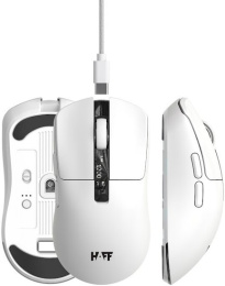 Мышь HAFF NovaPulse (MS-GM200WR) (беспроводная: радио+BT+USB, 6 клавиш, RGB-подсветка, сенсор PixArt PAW3311, DPI: 12000, аккумулятор 400mAh, кабель 1.6 м плетеный TypeC, 78gr, цвет: черный/серый)