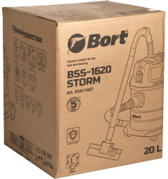 Bort Пылесос для сухой и влажной уборки BSS-1620-STORM {бак 20 л; 1600 Вт; шланг 3 м; всасывание 270 Вт; Уровень шума 78 дБ; Вес изделия 6,13 кг; Напряжение 220 В; гарантия 2 г} [93417487]