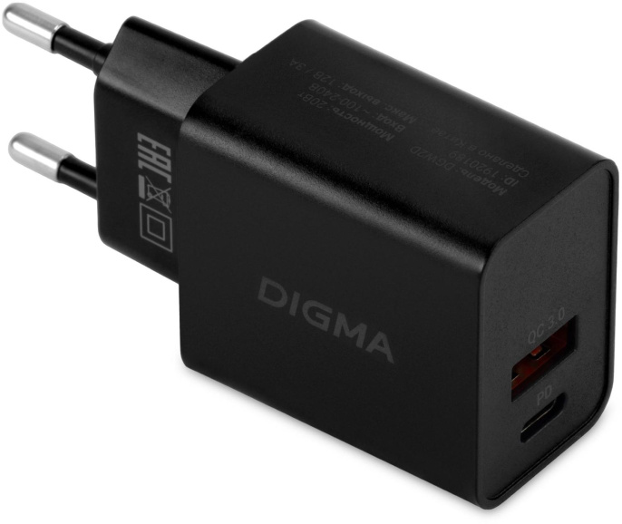Сетевое зарядное устройство Digma DGW2D, USB-A, USB-C, 20Вт, 3A, черный [dgw2d0f110bk]
