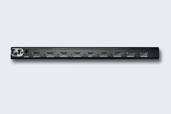 TNTV/TNT MMS-888VSH Разветвитель,, HDMI 2.0, 1 8 устройств, макс.10м. до входа у-ва+10м. до экрана толщ.жил шнура 24AWG ,, без шнуров, DC 5V, max data rate 18 гбит/с;max pixel clock 600 МГц;3D;HDCP2.2;макс.разр.до 3840x2160 60Hz 4:4:4