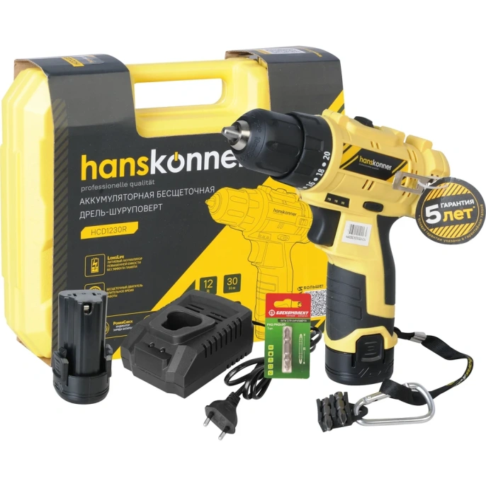 Аккумуляторная дрель Hanskonner б/щ, 12В, 2 акк. 2,0 Ач, 30Нм, кейс HCD1230R