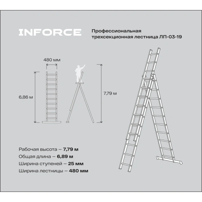 Профессиональная трехсекционная лестница Inforce 3x10 шириной 480мм ЛП-03-19