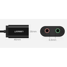 Аудио переходник  UGREEN US205-30724 USB to AUX 3.5mm (green+red port), зеленый порт для наушников красный порт для микрофона, драйверы не требуются, с проводом 15cm, Black