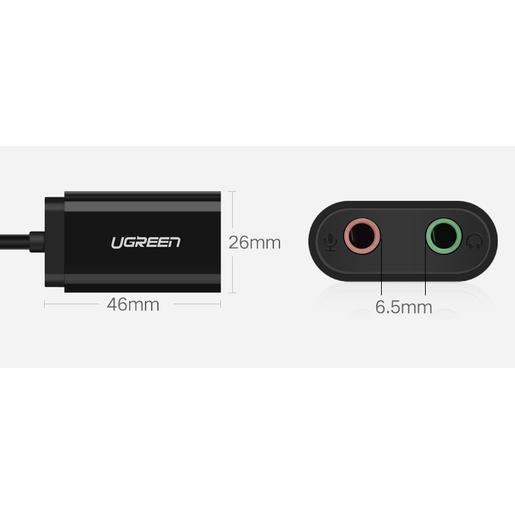 Аудио переходник  UGREEN US205-30724 USB to AUX 3.5mm (green+red port), зеленый порт для наушников красный порт для микрофона, драйверы не требуются, с проводом 15cm, Black