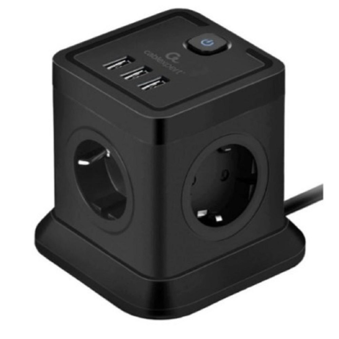 Cablexpert Сетевой фильтр Tower TWR-4-U3-B-2 4р, 10А, 3xUSB, 3.1А, 2м, ур.защиты 2+ черный, коробка