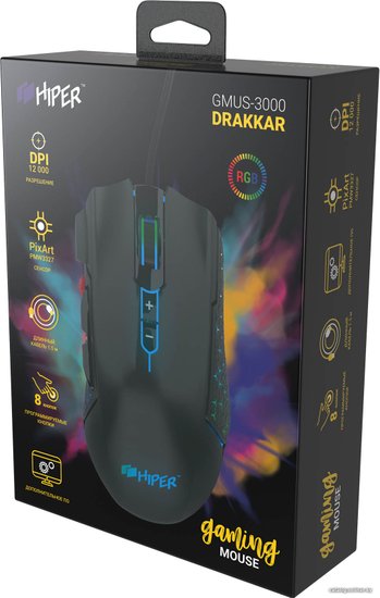 Мышь игровая HIPER DRAKKAR GMUS-3000 Black USB {4000 dpi, 8 кнопок, USB кабель 1.6м, черный}
