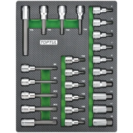 Набор головок торцевых с насадками Hex, Torx, Spline, 25 предметов, 1/2"DR, в мягком ложементе TOPTUL GEB2501