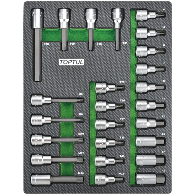 Набор головок торцевых с насадками Hex, Torx, Spline, 25 предметов, 1/2"DR, в мягком ложементе TOPTUL GEB2501