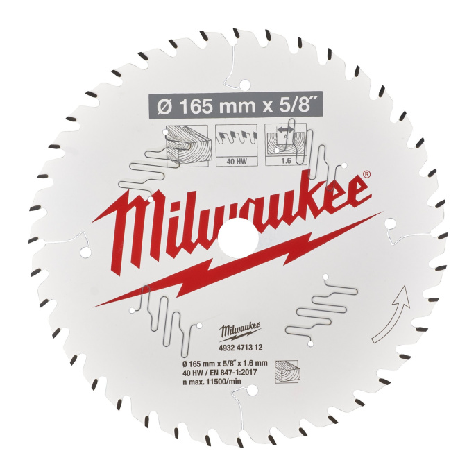 Диск пильный Milwaukee 165x15.87x1.6x40 ATB 4932471312 по дереву для циркулярной пилы, угол атаки зуба: +18°, низкая вибрация