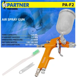 Краскораспылитель Partner мини с боковым металлическим бачком, 125 мл, 1.0 мм, 2.0 bar, 50-100 л/мин, присоединительная резьба 1/4 PA-F2(28397)