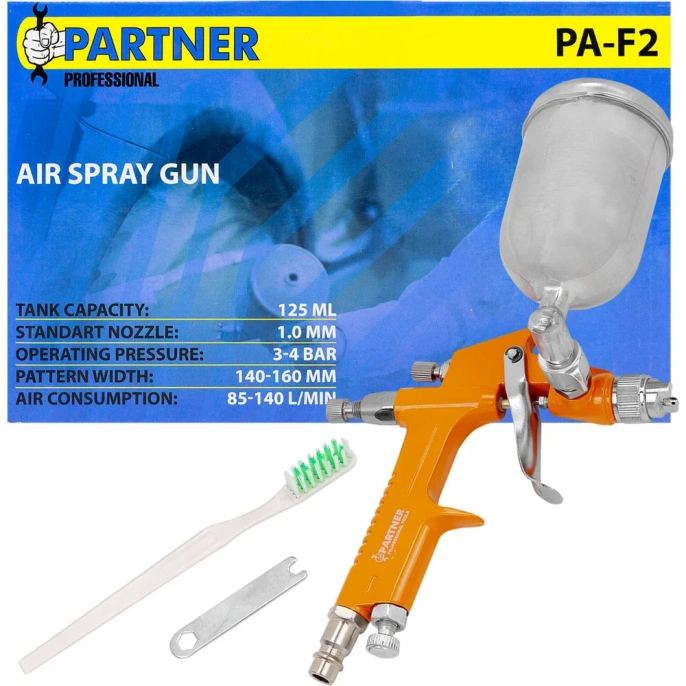 Краскораспылитель Partner мини с боковым металлическим бачком, 125 мл, 1.0 мм, 2.0 bar, 50-100 л/мин, присоединительная резьба 1/4 PA-F2(28397)