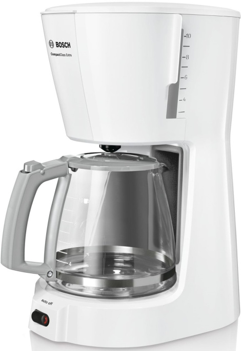 Кофеварка Bosch TKA3A031 капельная, 1100 Вт, тип используемого кофе: молотый, объем резервуара для воды: 1 л, объем кофейника: 1.25 л, количество порций: 10-15, размер фильтра: 4, материал корпуса: пластик, цвет: белый