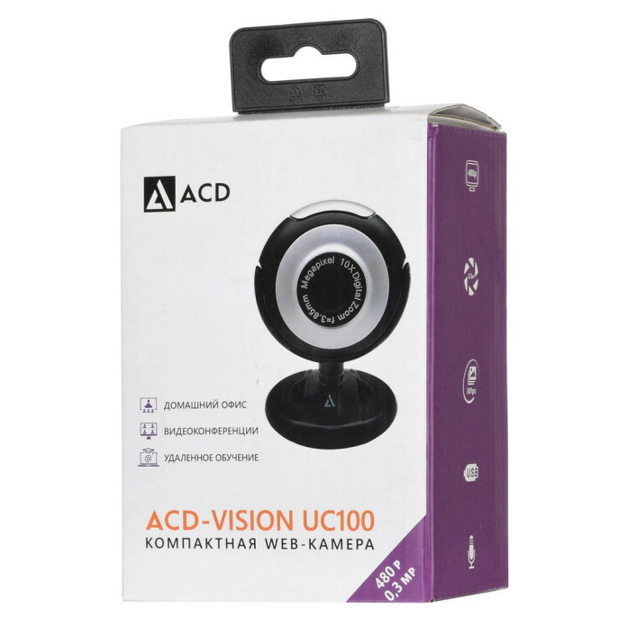Веб-камера ACD-Vision UC100 CMOS 0.3МПикс, 640x480p, 30к/с, микрофон встр., кабель USB 2.0 1.5м, универс. крепление, черный корп. RTL {60} 551745 ACD-DS-UC100