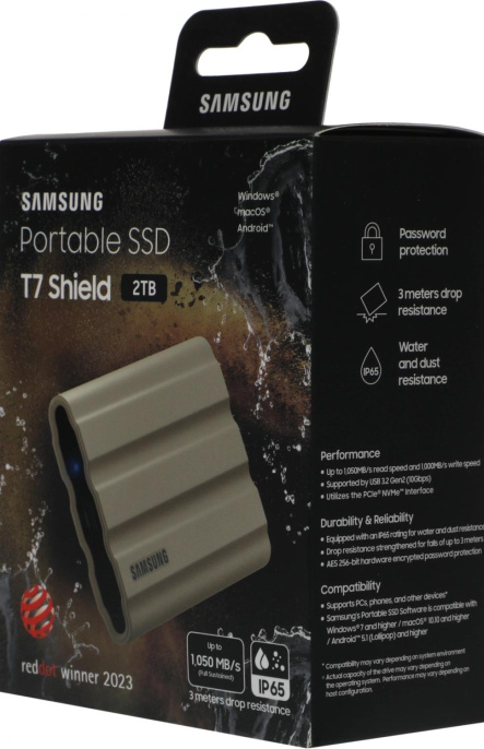 2ТБ Внешний диск SSD Samsung T7 Shield, USB-C, запись - 1000МБ/с, чтение - 1050МБ/с, бежевый [mu-pe2t0k/ww]
