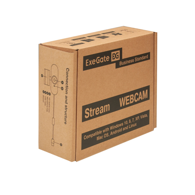Веб-камера широкоугольная ExeGate Stream C940 Wide 2K AF T-Tripod (4Мп, 2560x1440, 30fps, H.264, автоматический фокус, защитная шторка, штатив Tripod Tele Ball в комплекте, широкоугольный 4-линзовый (стекло) объектив 89°, микрофон с шумоподавлением, униве