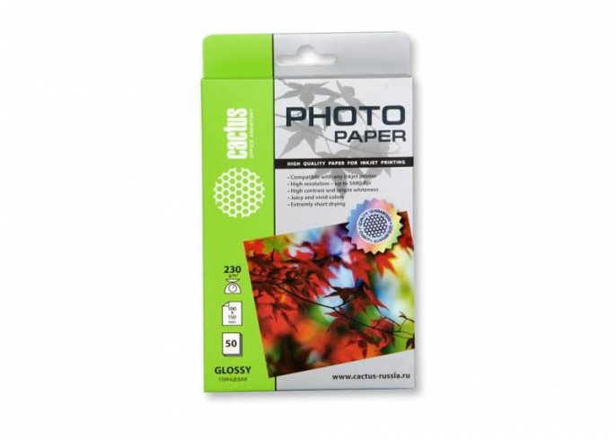 Фотобумага Cactus CS-GA623050, A6, для струйной печати, 50л, 230г/м2, белый, покрытие глянцевое