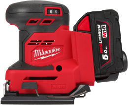 Ленточная шлифмашина Milwaukee M18BQSS-502B 4933479967 питание: Li-ion 18 В , скорость без нагрузки 11 000–13 000 об/мин, диаметр колебания 1.6 мм, пылесборник, дырокол, запасная гладкая основа, шлифовальные листы, 2 аккумуляторных батареи M18 B5, зар
