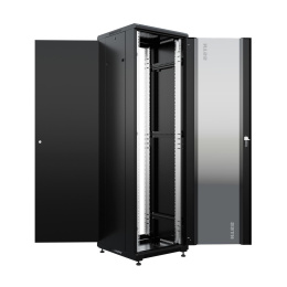NTSS Шкаф напольный универсальный серверный NTSS R 18U 600х600мм, 4 профиля 19, двери стекло и сплошная металл, боковые стенки съемные, регулируемые опоры, разобранный, черный RAL 9005 NTSS-R18U6060GS (NTSS-R18U6060GS-BL)