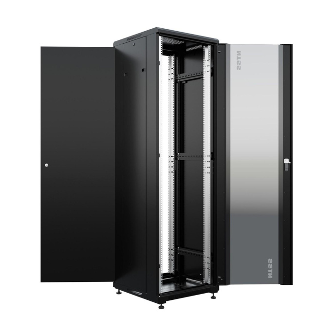 NTSS Шкаф напольный универсальный серверный NTSS R 18U 600х600мм, 4 профиля 19, двери стекло и сплошная металл, боковые стенки съемные, регулируемые опоры, разобранный, черный RAL 9005 NTSS-R18U6060GS (NTSS-R18U6060GS-BL)