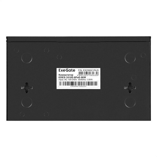 Коммутатор неуправляемый ExeGate EDES-1010D.8PoE-96W (10-портовый UTP 10/100 Base-Tx: 8 портов IEEE 802.3af/at (PoE+), мощность PoE: 25W, суммарно 96W, 2 порта RJ45 uplink, настенный/настольный, металлический корпус) EX299021RUS