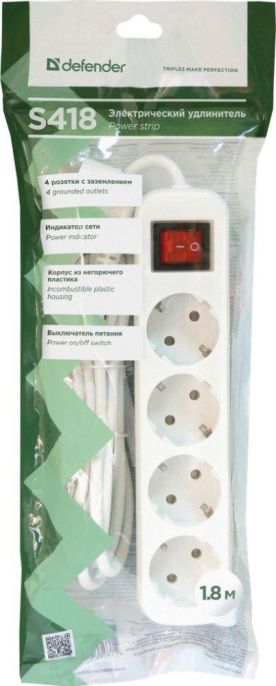 Сетевой удлинитель Defender S418, 1.8м, белый [99237]