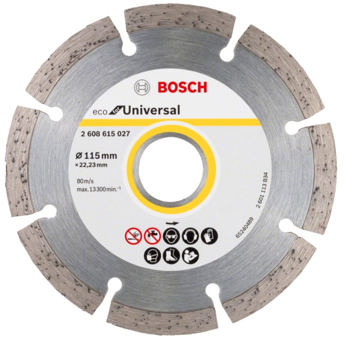 Алмазный диск Bosch Eco for Universal Segmented 2.608.615.027 сегментный, универсальный, максимальные обороты: 13300об/мин, диаметр диска: 115мм, посадочный диаметр: 22.2мм, толщина: 2мм, высота сегмента: 7мм