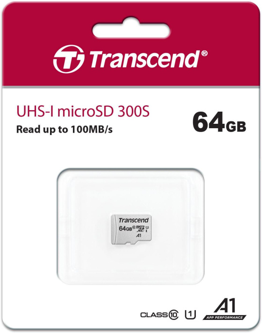 Карта памяти microSDXC UHS-I U1 Transcend 64 ГБ, 100 МБ/с, Class 10, TS64GUSD300S, 1 шт., без адаптера