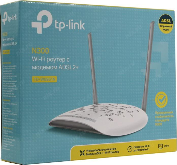 Wi-Fi роутер TP-LINK TD-W8961N,  Wi-Fi 4,  N300,  2.4ГГц, 4 LAN,  ADSL2+, белый