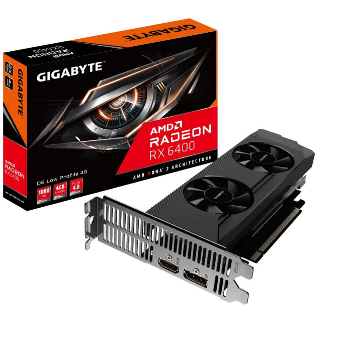 Видеокарта VGA GIGABYTE AMD RADEON RX 6400 D6 LOW PROFILE 4G 4GB, GDDR6/64-bit, PCIe 4.0, 1xHDMI 2.1, 1xDP, 2-slot GV-R64D6-4GL