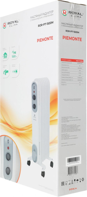 Масляный радиатор Royal Clima Piemonte ROR-P7-1500M, с терморегулятором, 1500Вт, 6 секций, 3 режима, белый