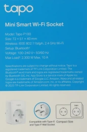 TP-Link Tapo P100(1-pack) Умная мини Wi-Fi розетка, 2.4 GHz, Max Load 2300 Вт, 10 А