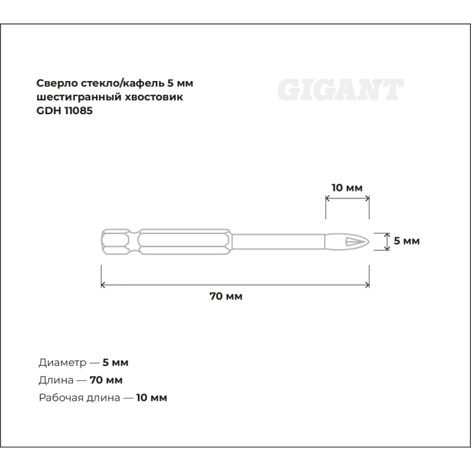 Сверло стекло/кафель 5 мм Gigant GDH 11085
