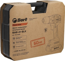 Аккумуляторная дрель-шуруповерт BORT BAB-21-BLK 93413526 { 21 В, 1.5 Ач, Li-lon, 2 Акб }