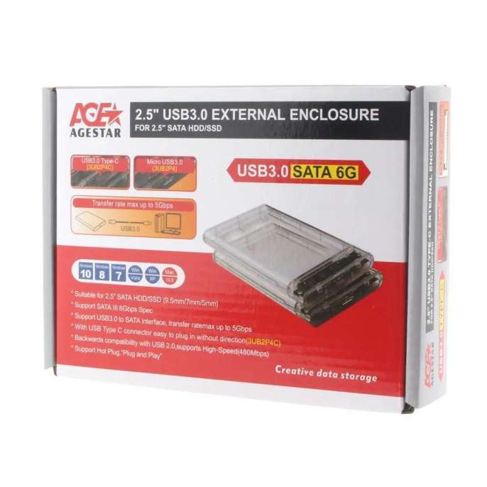 AgeStar 3UB2P4 TRANSPARENCY USB 3.0 Внешний корпус 2.5" SATAIII HDD/SSD пластик, прозрачный {50} 672691 17312