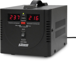 Стабилизатор POWERMAN AVS 500D, черный, ступенчатый регулятор, цифровые индикаторы уровней напряжения, 500ВА, 140-260В, максимальный входной ток 5А, 2 евророзетки, IP-20, напольный, 200мм х 150мм х 140мм, 2,3 кг./ Stabilizer POWERMAN AVS 500D, black, ste 